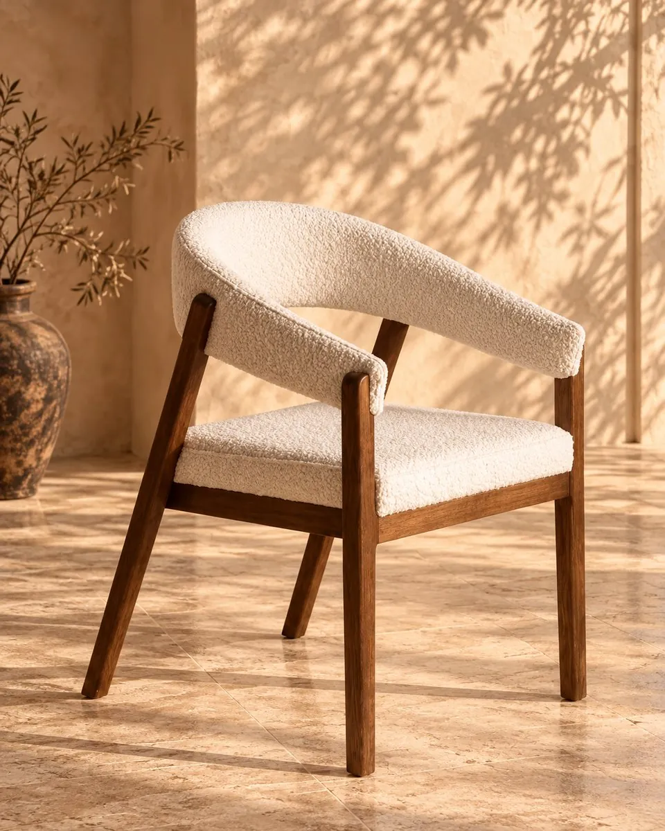 Chaise Kos, Chaise en tissu bouclé et bois