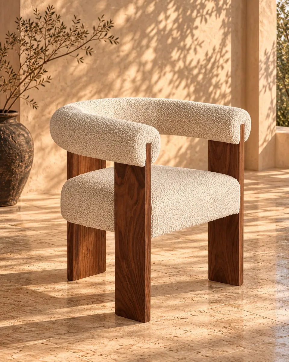 Chaise Samos, Chaise enveloppante en tissu bouclé et bois