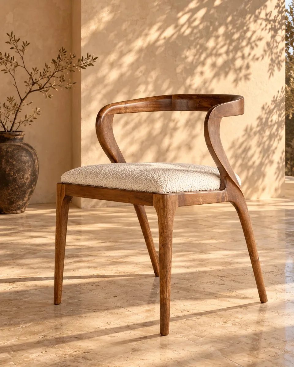 Chaise Égine, Chaise au dossier courbe en noyer, assise en tissu bouclé