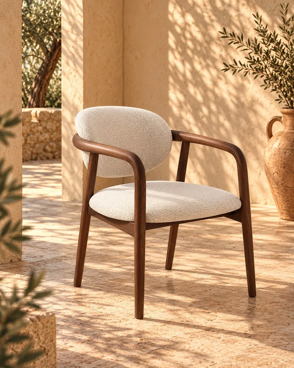 Chaise Lefkas, Chaise à accoudoirs, tissu bouclé et bois
