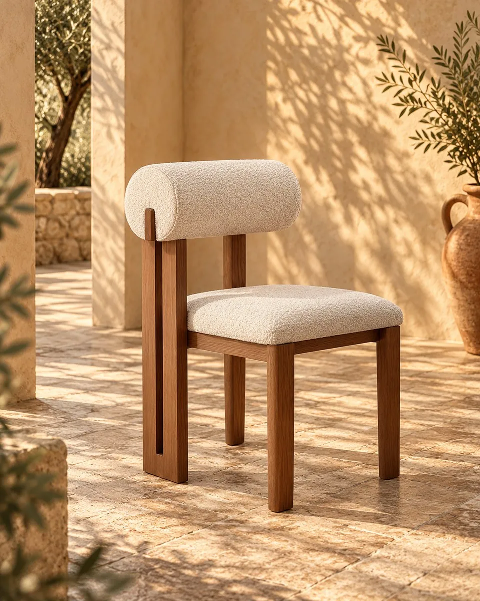 Chaise Kythira, Chaise à dossier rond, tissu bouclé et bois
