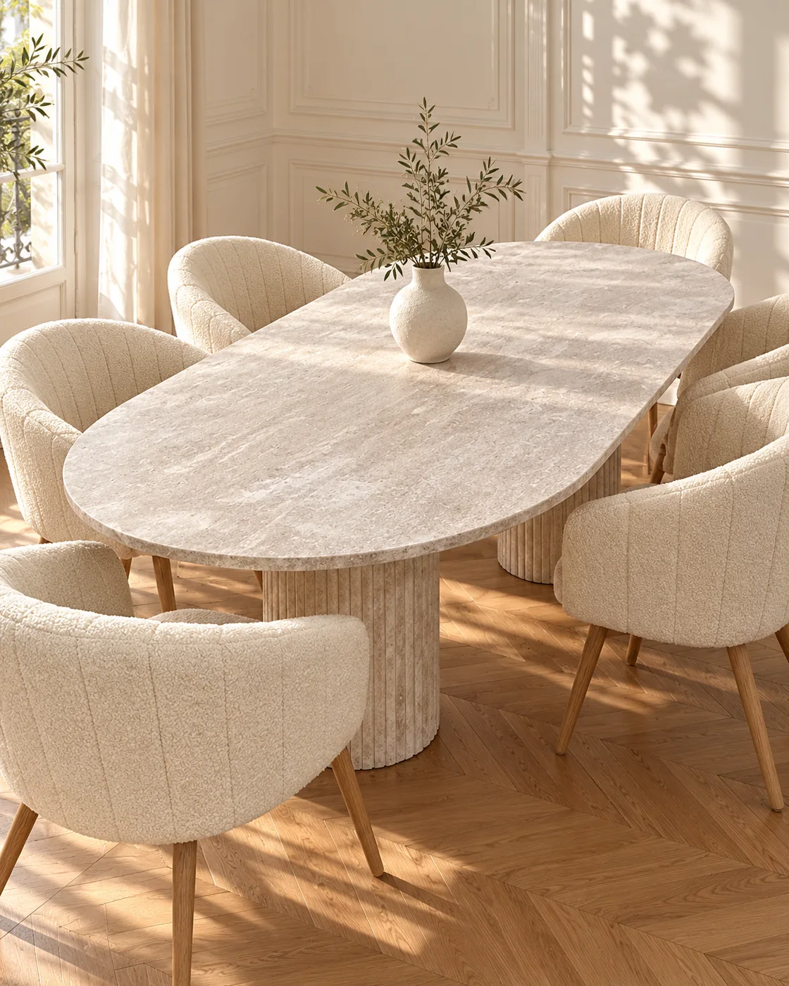 Table ovale en travertin Kéa, sur colonnes cannelées