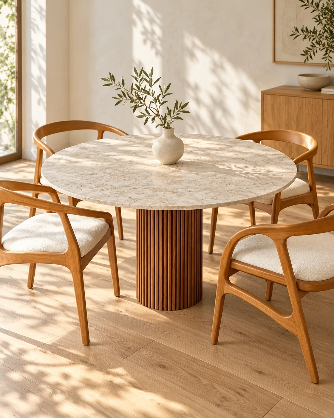 Table ronde en travertin Ithaque, sur pied central en bois cannelé, vue 1