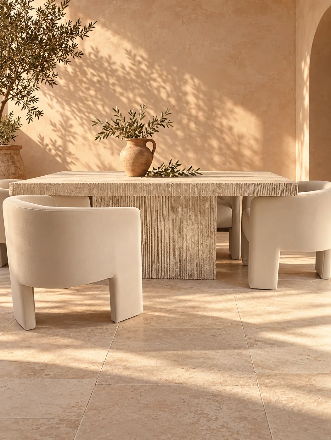 Table en travertin Amorgos, sur bloc central, vue 1