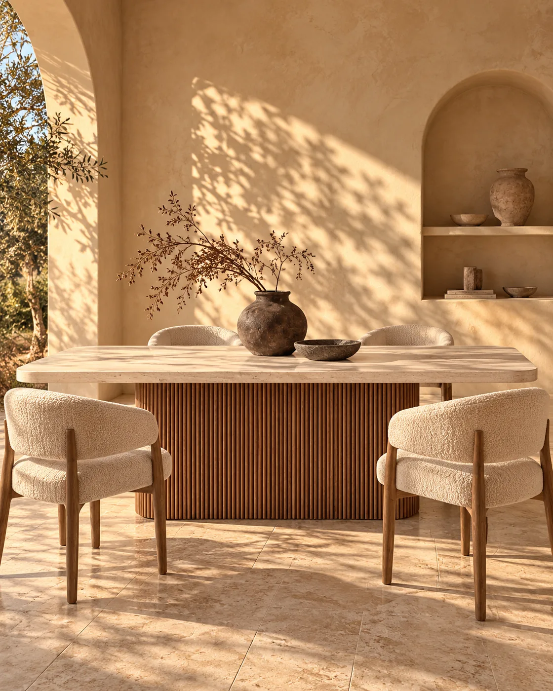 Table en travertin Skyros, sur pied central en bois cannelé