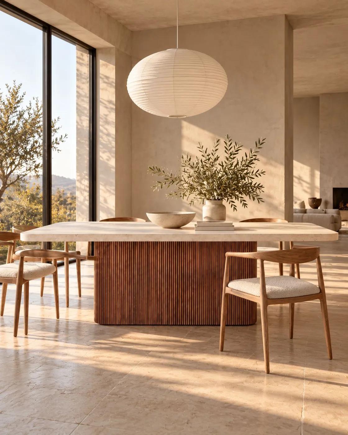 Table en travertin Skyros, sur pied central en bois cannelé, vue 3