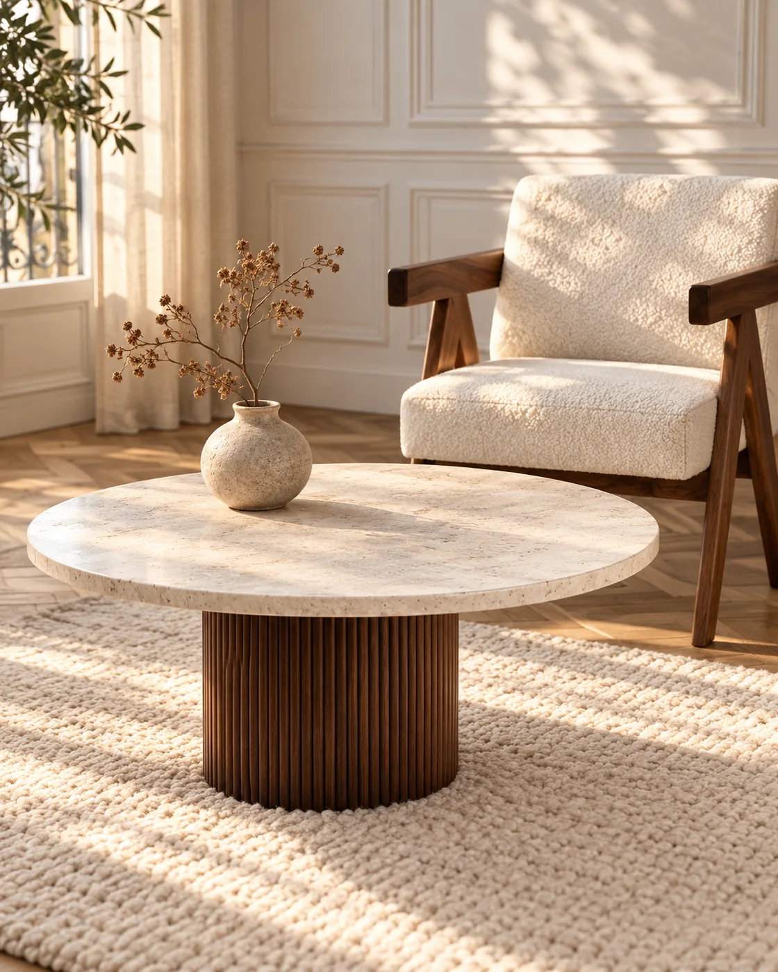 Table basse ronde en travertin Skyros, sur pied en bois cannelé, vue 1